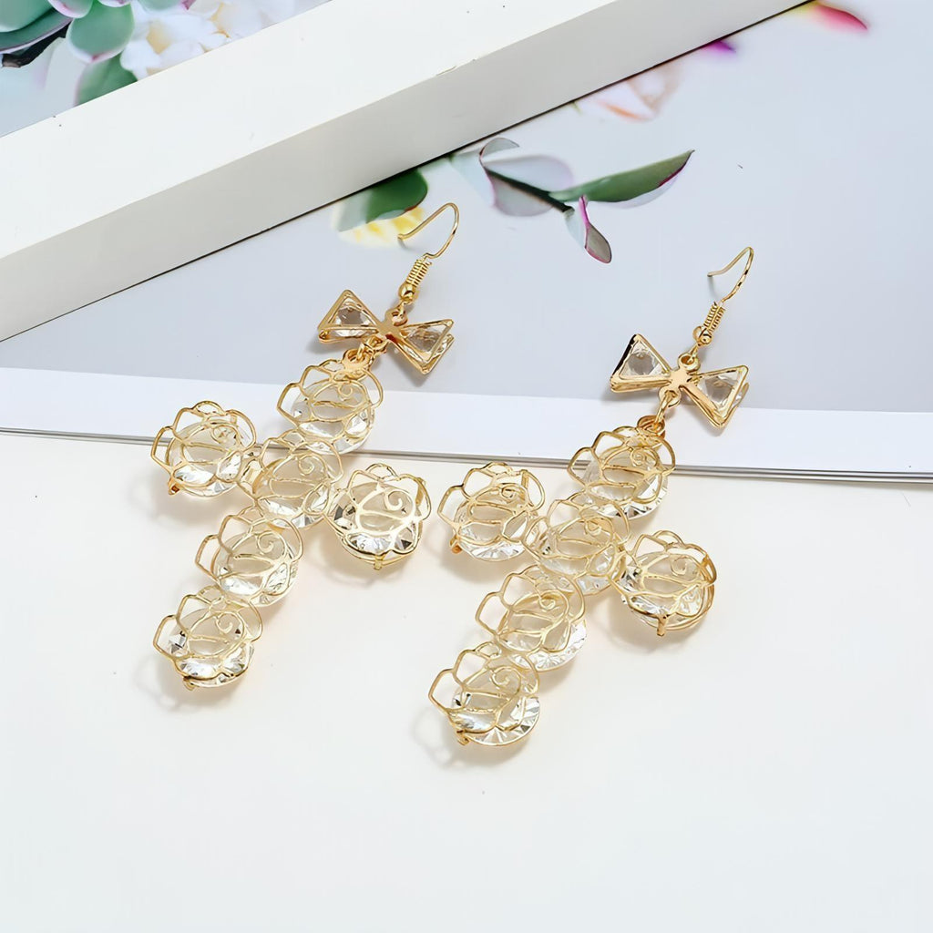 Big Gold Plated Lightweight Wire Bow Cross Crystal Fish Hook Earrings - Shop The Docks