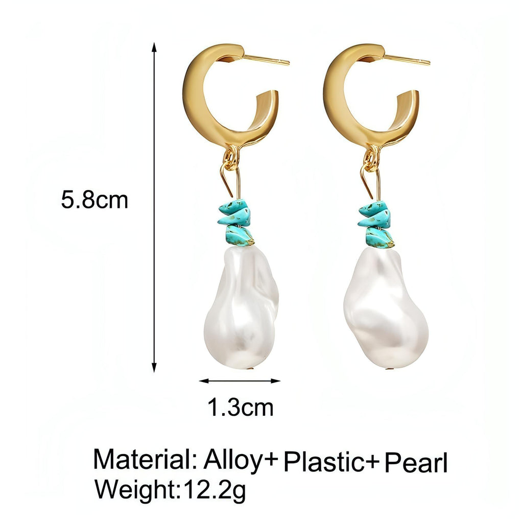 Gold Plated Hoop Earrings With Imitation Turquoise And Irregular Pearl - Shop The Docks