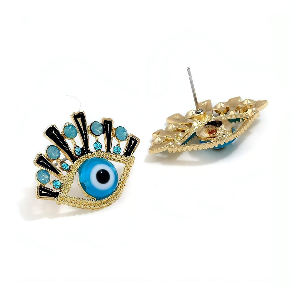 Gold Plated Lucky Evil Eye Post Earrings Blue Rhinestone - Shop The Docks