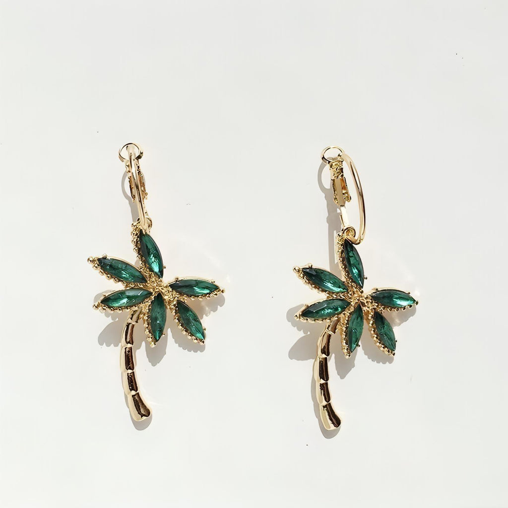 Gold Plated Tropical Coconut Palm Tree Earrings With Green Rhinestones - Shop The Docks