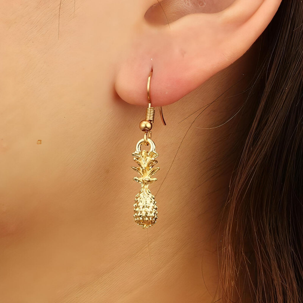 Metal Solid 3D Pineapple Fruit Drop Earring Gold - Shop The Docks